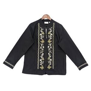 Quacker Factory Garden Fantasy Full Zip Jacket Women M Black Mandarin Collar U09
